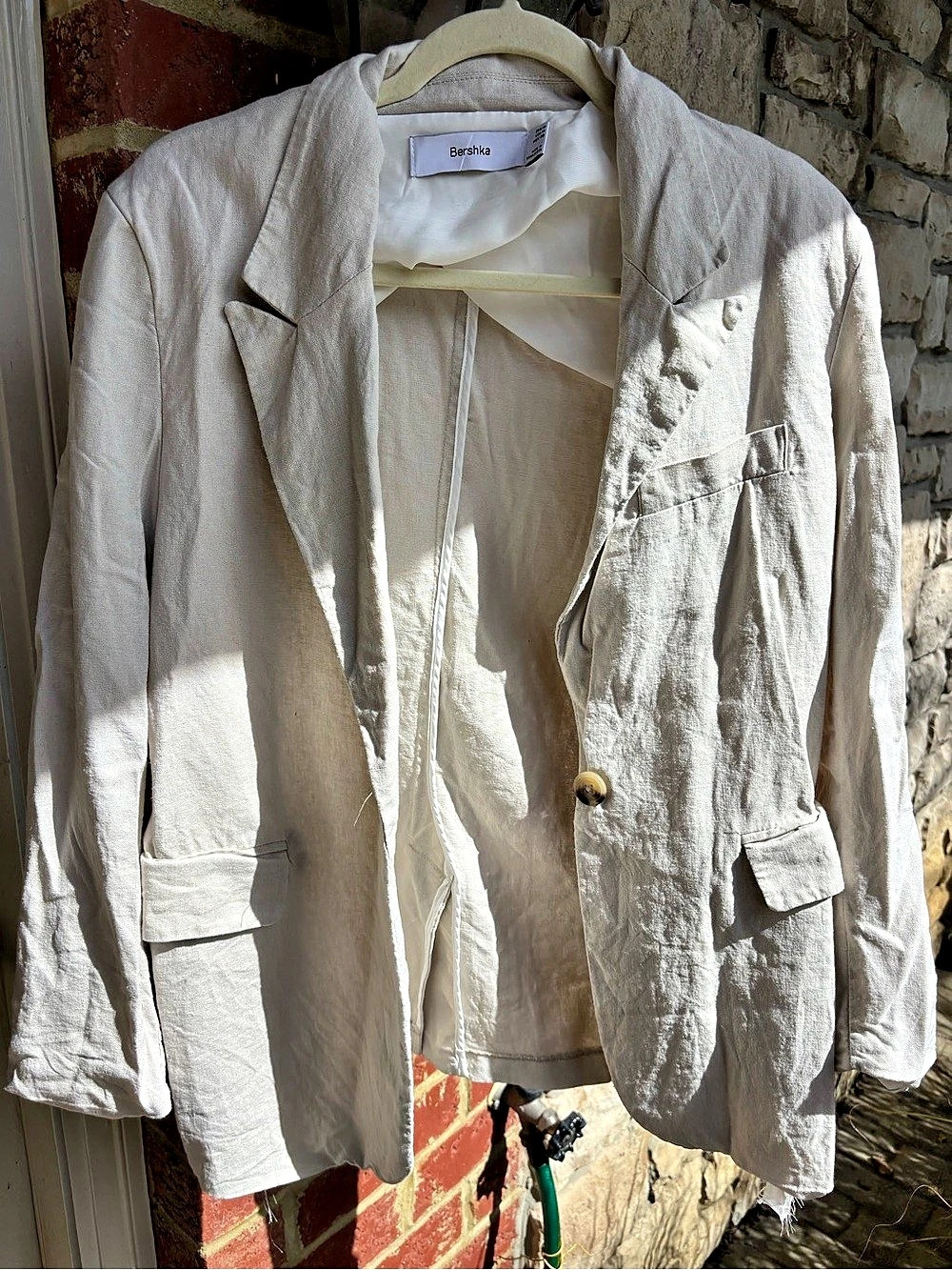 Bershka Oversized Ramie Cotton Blend Blazer White Medium
